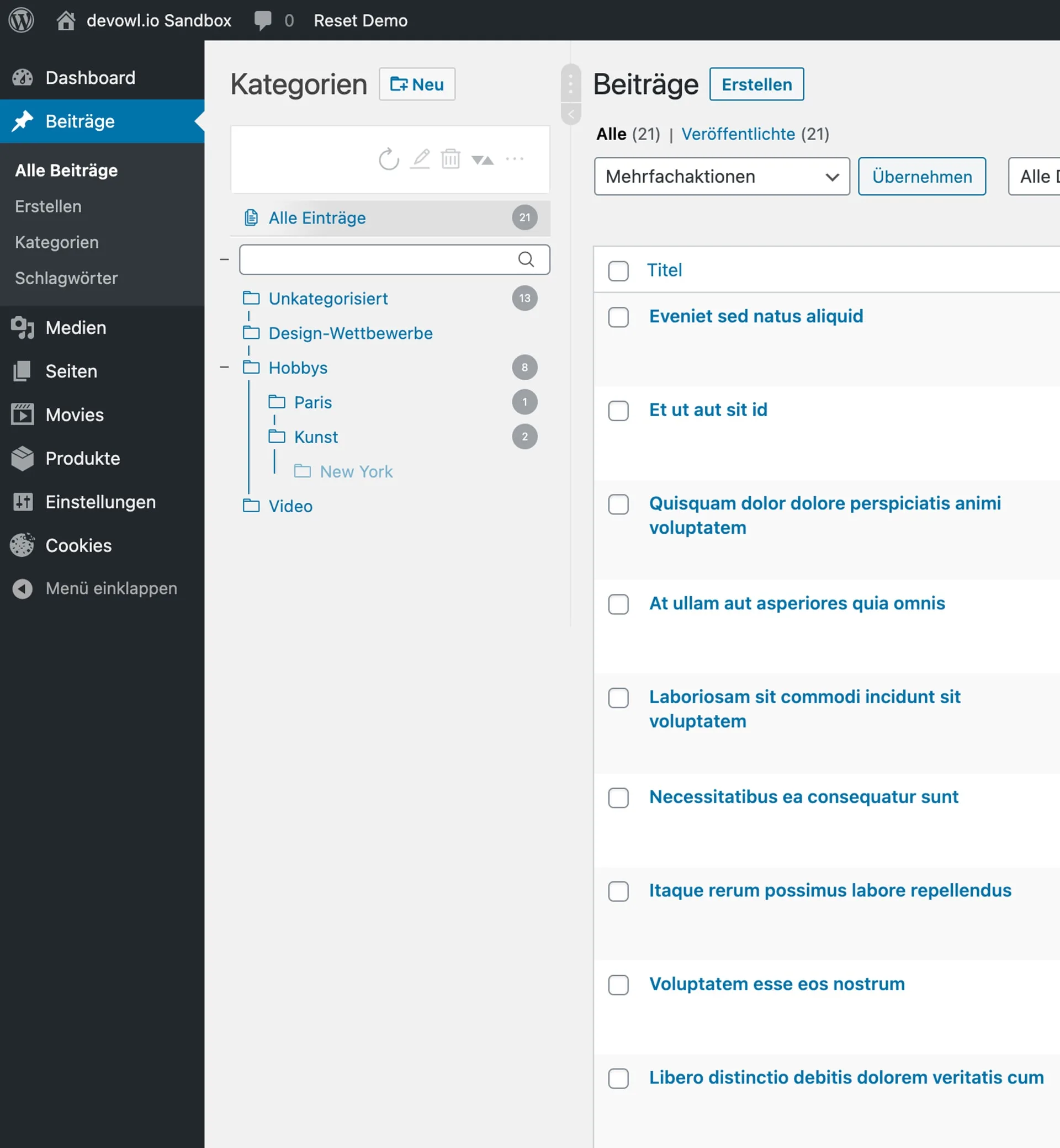 WordPress Real Category Management: Screenshot in Beiträgen