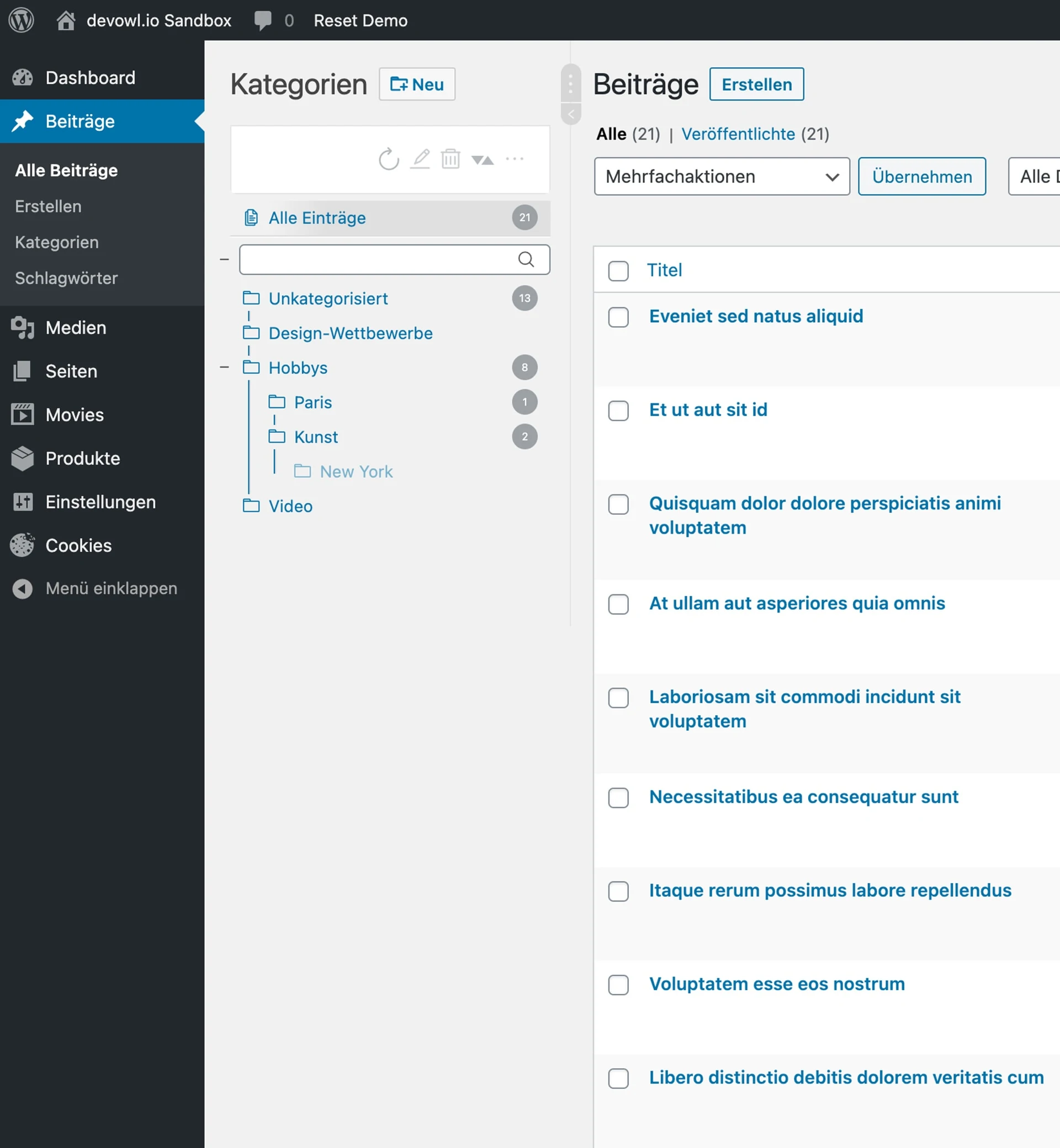 WordPress Real Category Management: Screenshot in Beiträgen