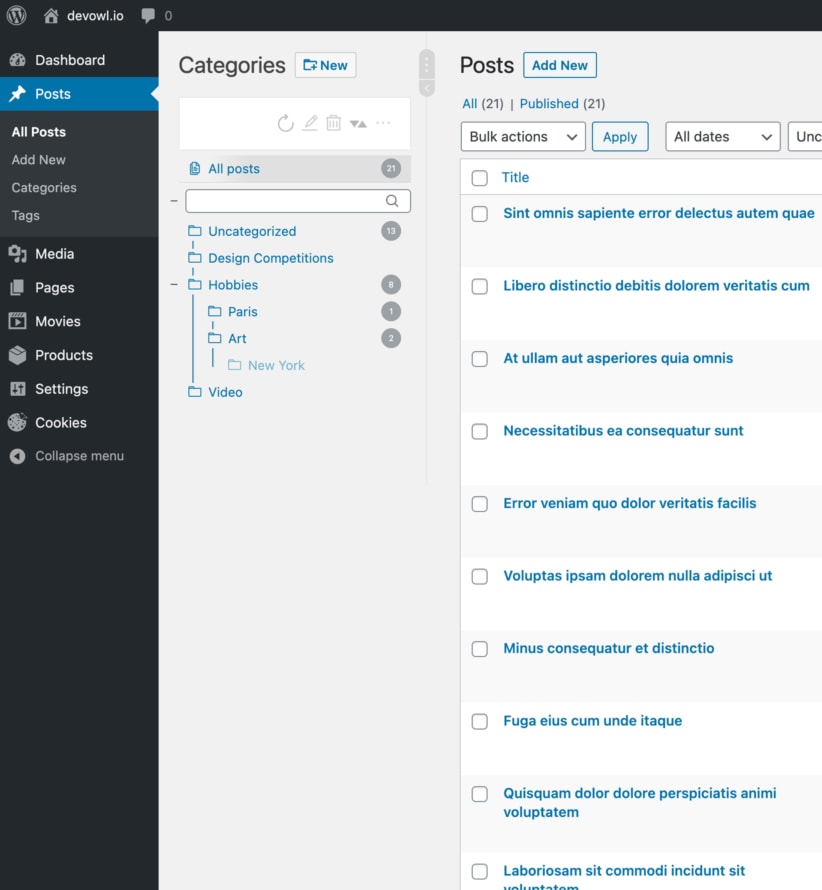 WordPress Real Category Management: Screenshot in posts