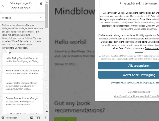 Cookie Banner Designs im WordPress Customizer
