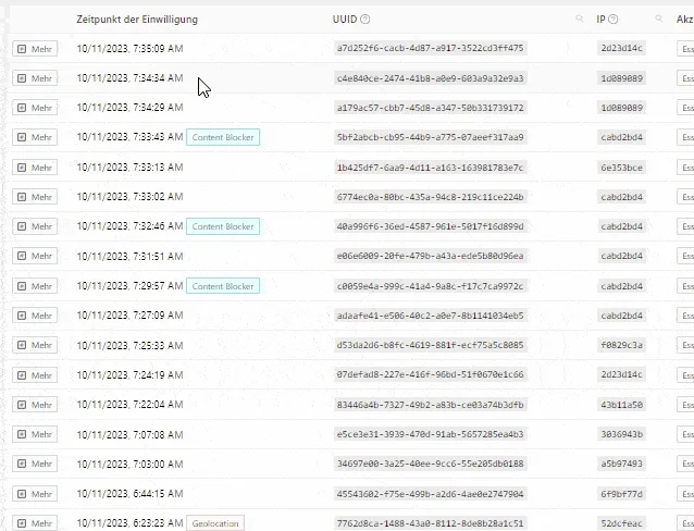 Ansicht der dokumentierten Einwilligung mit reproduziertem Cookie-Banner wie zum Zeitpunkt der Einwilligung