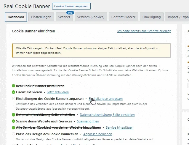 Verwende die Checkliste, um das Cookie-Banner einzurichten