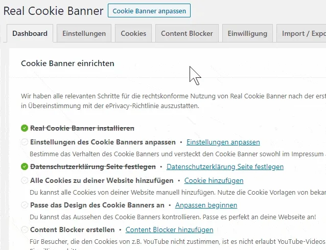 Verwende die Checkliste, um das Cookie-Banner einzurichten