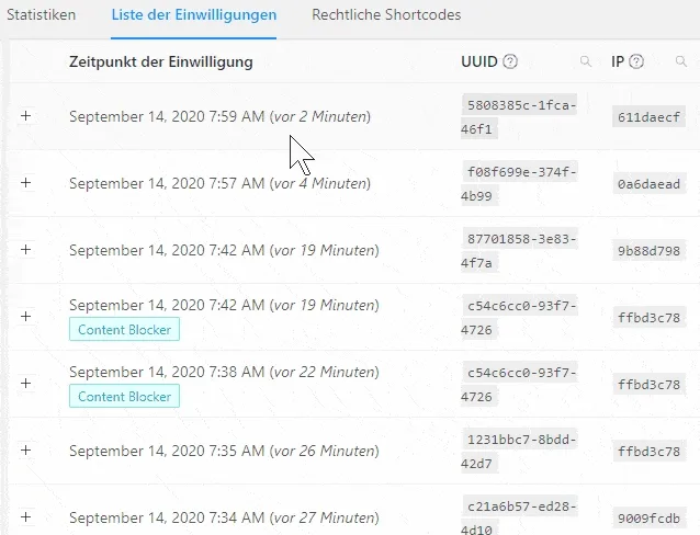 Ansicht der dokumentierten Einwilligung mit reproduziertem Cookie-Banner wie zum Zeitpunkt der Einwilligung