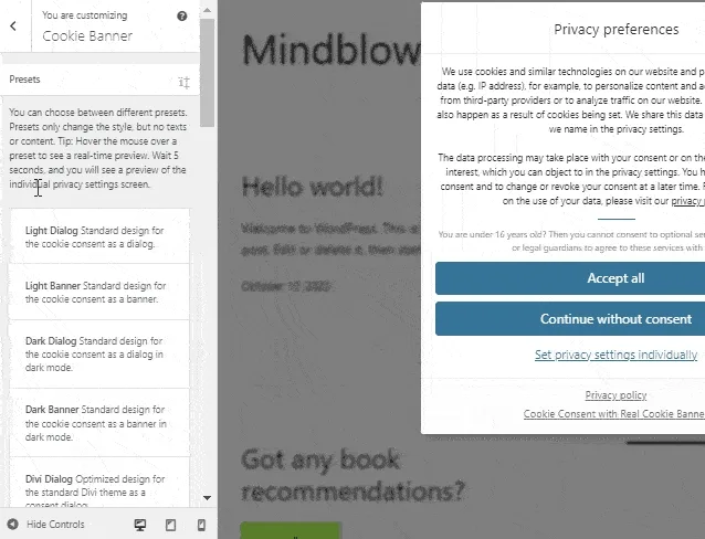 Customize cookie banner design in WordPress Customizer