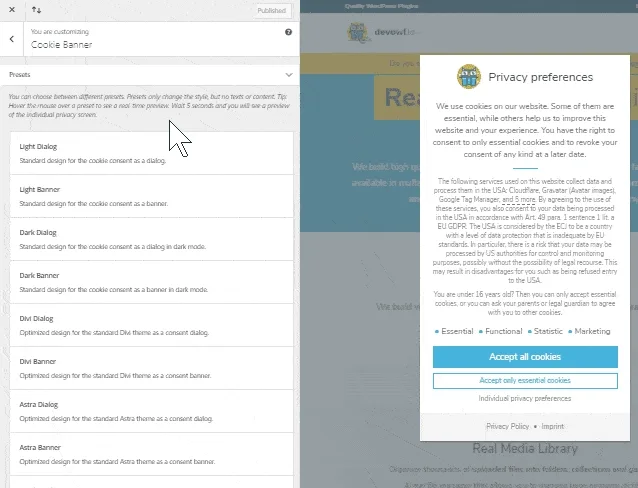Customize cookie banner design in WordPress Customizer