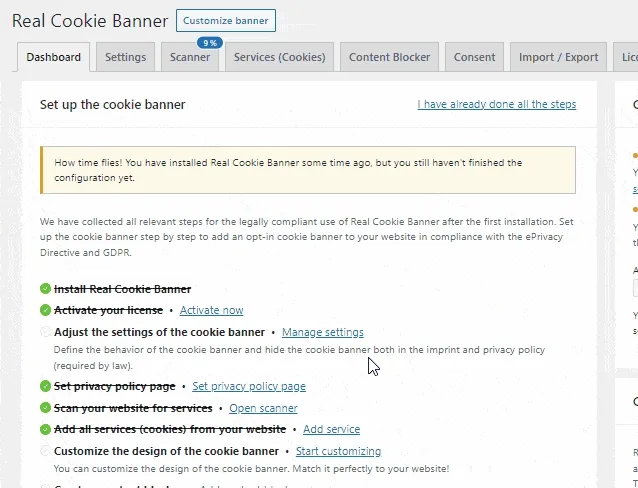 Use the checklist to set up the cookie banner