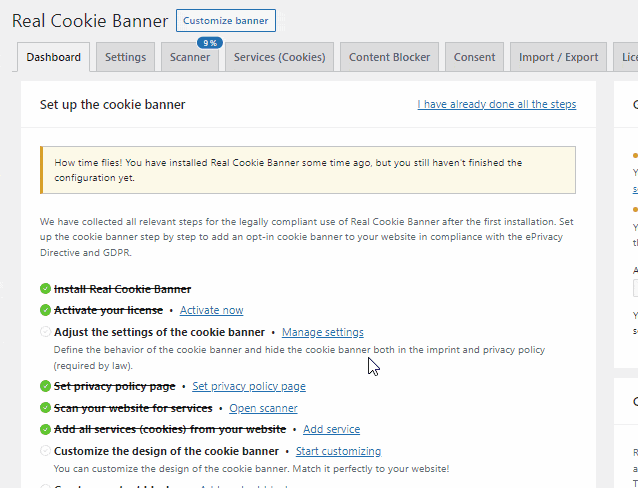 Use the checklist to set up the cookie banner