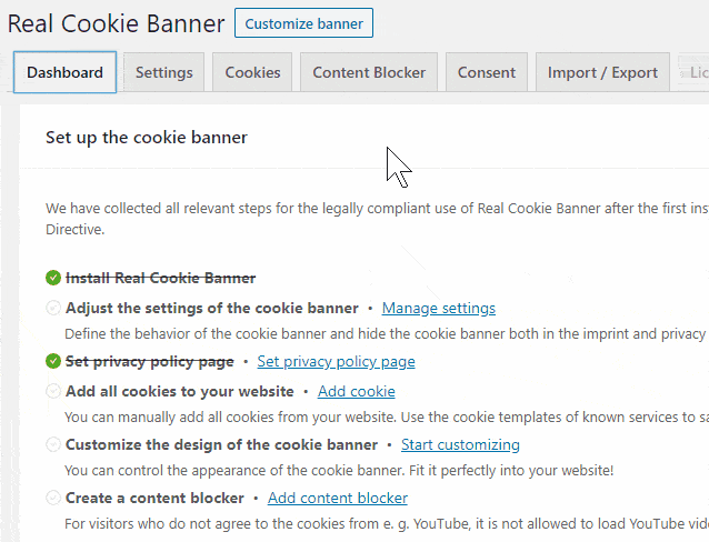 Use the checklist to set up the cookie banner