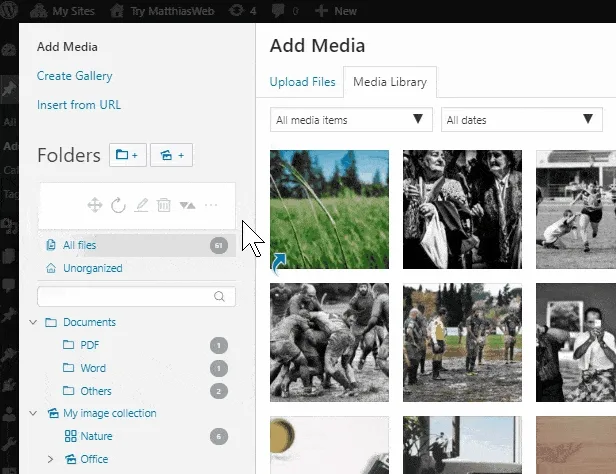 In the WordPress inserting media dialog, you find the folder on the left hand side to filter your files