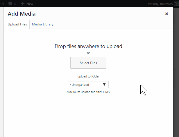 Im WordPress Medien Upload-Dialog wähle aus, in welchen Ordner deine Datei hochgeladen werden soll